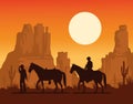 cowboys figures silhouettes in horses in the desert