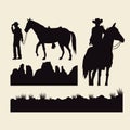 cowboys with horses animals and terrains silhouettes