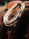 A cowboys lariat hanging from a saddle horn