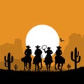 Cowboys silhouette riding horses at sunset desert landscape. Vector prairie desert with sun and sky American Desert landscape