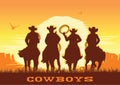 Cowboys silhouette riding horses at sunset landscape. Vector prairie desert with sun and canyon Royalty Free Stock Photo