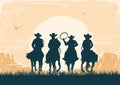 Cowboys silhouette riding horses at sunset landscape. Vintage vector prairie desert with sun and canyon on old paper texture Royalty Free Stock Photo