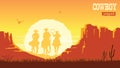 Cowboys silhouette riding horses at sunset. Vector prairie landscape with sun and canyon Royalty Free Stock Photo