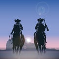 Cowboys silhouettes galloping across the prairie