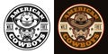 Cowboys vector vintage round emblem, label, badge or logo illustration in two styles black on white and colorful on dark Royalty Free Stock Photo