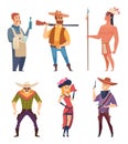 Cowboys western. Wildlife country characters with horses vector cartoon cliparts Royalty Free Stock Photo