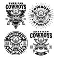 Cowboys and wild west set of four vector vintage emblems, labels, badges or logos in monochrome style isolated on white Royalty Free Stock Photo