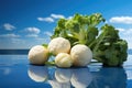 Cowed white radish and green broccoli on the blue Royalty Free Stock Photo