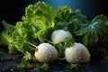 Cowed white radish and green broccoli on the blue Royalty Free Stock Photo
