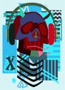 Music robot skull with headphones and abstract background, blue color. Royalty Free Stock Photo