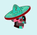 Mexican skull with sombrero, ornament details, colorful isolated on the blue background. Day of the dead.bluue
