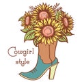 Cowgirl boot with floral bouquette and text. Ladies cowboy color vector boot illustration with flowers isolated on white Royalty Free Stock Photo