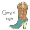 Cowgirl boot with floral pattern and text. Vintage ladies cowboy vector color boot illustration isolated on white