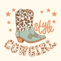 Cowgirl boots style vector illustration. Vector printable cowboy boots with cow pattern and stars decoration for design