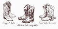 Cowgirl boots, Western style riding boots,Roper boots for rodeo, woodcutstyle ink drawing illustration