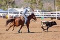 Cowgirl Competing In A Calf Roping Event At A Country Rodeo