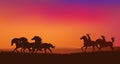 Cowgirl and cowboy with lasso chasing mustang horses herd in sunset prairie vector landscape Royalty Free Stock Photo