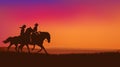 Cowgirl and cowboy riding horses in romantic sunset background Royalty Free Stock Photo