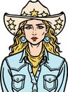 Cowgirl in hat and jeans shirt. American country and wild west concept. Western girl or woman. Vector art in comic style Royalty Free Stock Photo