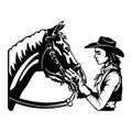 Cowgirl and horse, Retro black and white style Poster. Royalty Free Stock Photo