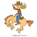 Cowgirl horse rider cartoon colored vector illustration isolated on white. Vector funny cowgirl riding wild horse. Royalty Free Stock Photo