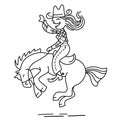 Cowgirl horse rider cartoon vector illustration isolated on white. Vector funny cowgirl riding wild horse.