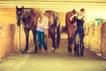 Cowgirl and jockey walking with horses in stable Royalty Free Stock Photo