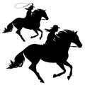 Cowgirl with lasso riding galloping horse black vector silhouette