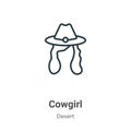 Cowgirl outline vector icon. Thin line black cowgirl icon, flat vector simple element illustration from editable desert concept Royalty Free Stock Photo