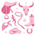 Cowgirl Pink core fashion elements collection. Cowboy western and wild west theme set. Hand drawn vector illustration Royalty Free Stock Photo