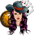 Cowgirl with poker aces and gold clock