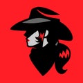 Cowgirl portrait symbol on red backdrop