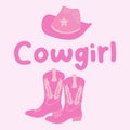 COWGIRL postcard. pink cowboy boots and hat on a pink background. Vector Royalty Free Stock Photo