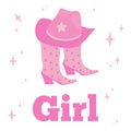 COWGIRL postcard. pink cowboy boots and hat, stars on white background. Vector illustration Royalty Free Stock Photo