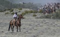 Cowgirl riding a bay horse is ready to help move hundreds of rapidly approaching horses on annual Sombrero Ranch Great American Ho