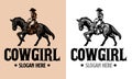 Cowgirl Riding Horse in Logo Style Vintage set Royalty Free Stock Photo