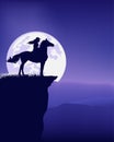 Vector silhouette outline of cowgirl riding horse and full moon night landscape Royalty Free Stock Photo