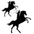 Cowgirl and rearing up horse black vector silhouette set Royalty Free Stock Photo