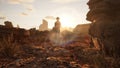 Cowgirl standing in Rocky Desert. Sandstone, Red rock. Sunrise, sunset.