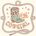 Cowgirl style vector illustration with cowboy boots and rope frame. Vector printable cowboy boots with cow pattern Royalty Free Stock Photo