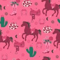 Cowgirl themed seamless pattern in pink colors. Vector graphics