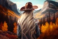 Cowgirl in traditional hat looks at mountains in bright autumn colors