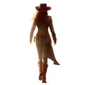 Cowgirl walking away. Full body shot. Leather boots. Red haired woman. Back light. Silhouette. PNG transparent background. Royalty Free Stock Photo