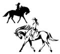 Cowgirl woman riding horse black and white vector outline and silhouette Royalty Free Stock Photo