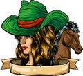 cowgirl woman wearing cowboy hat and with wild mustang horse head vector Royalty Free Stock Photo