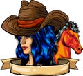 cowgirl woman wearing cowboy hat and with wild mustang horse head vector Royalty Free Stock Photo