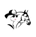 cowgirl woman wearing sunglasses and hat and bridled horse head vector outline Royalty Free Stock Photo