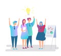 Coworkers celebrate victory flat vector illustration. Teamwork and cooperation at workplace concept. Happy colleagues Royalty Free Stock Photo