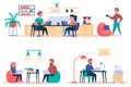 Coworking center isolated elements set. Bundle of employees work in open office, freelancers with laptops perform work tasks, Royalty Free Stock Photo