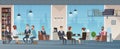 Coworking center. Open space business center interior work place environment vector cartoon background